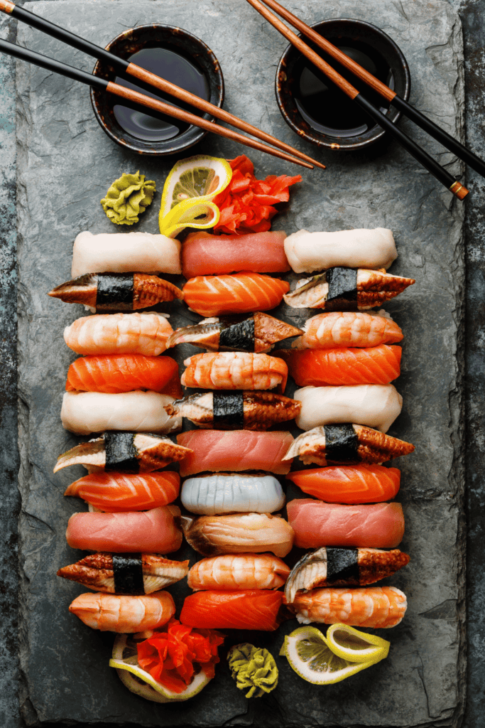 Nigiri sushi pieces on platter.