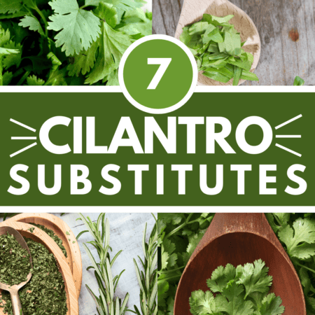Collage of cilantro substitutes with text overlay.
