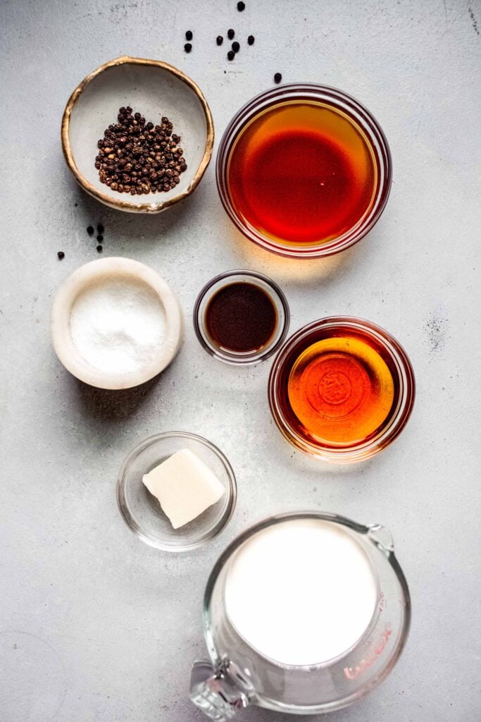 Ingredients for peppercorn sauce on counter.