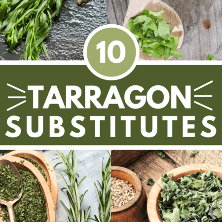 Collage of tarragon substitutes with text overlay.