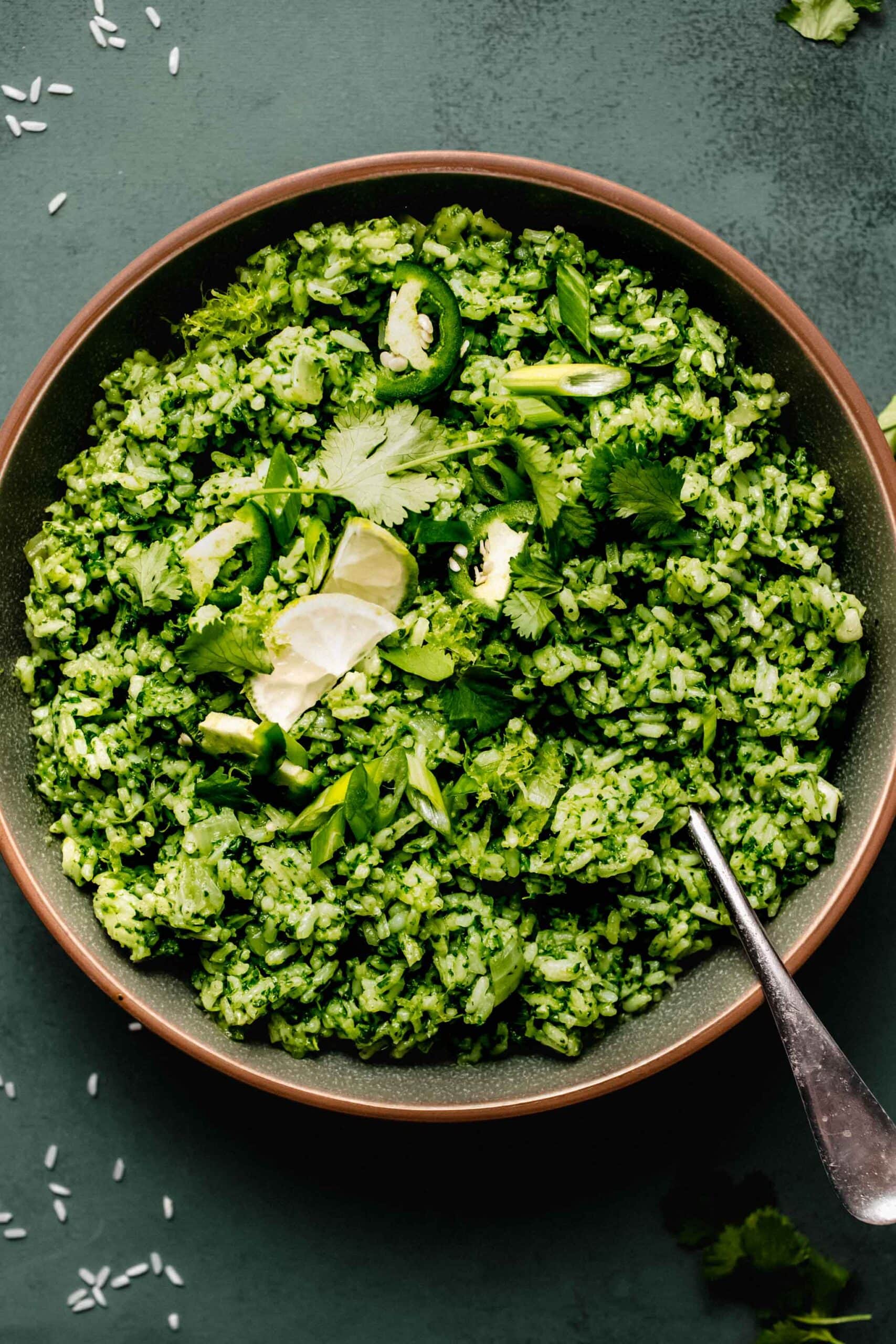 Overhead shot of arroz verde in bowl.