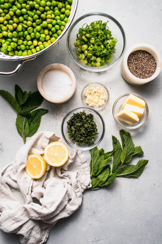 Ingredients for minty peas on counter.