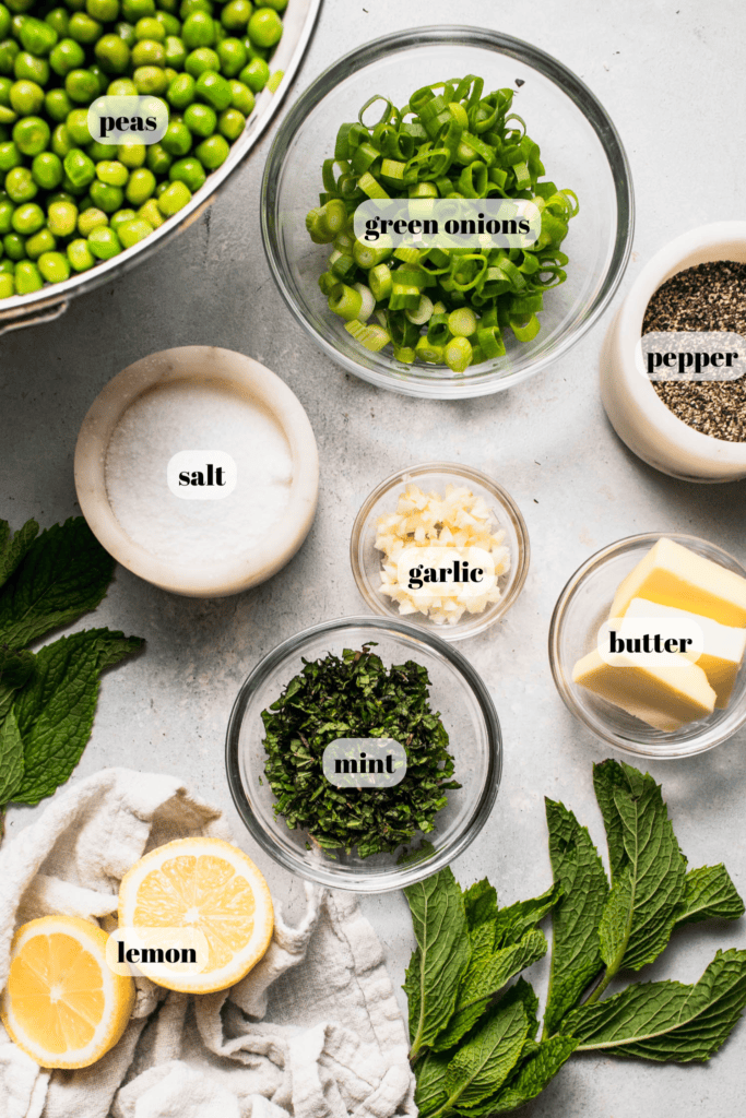 Ingredients for minted peas labeled on counter.