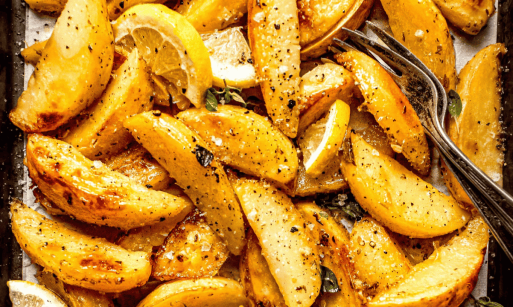 Crispy Greek Roasted Potatoes on baking sheet.