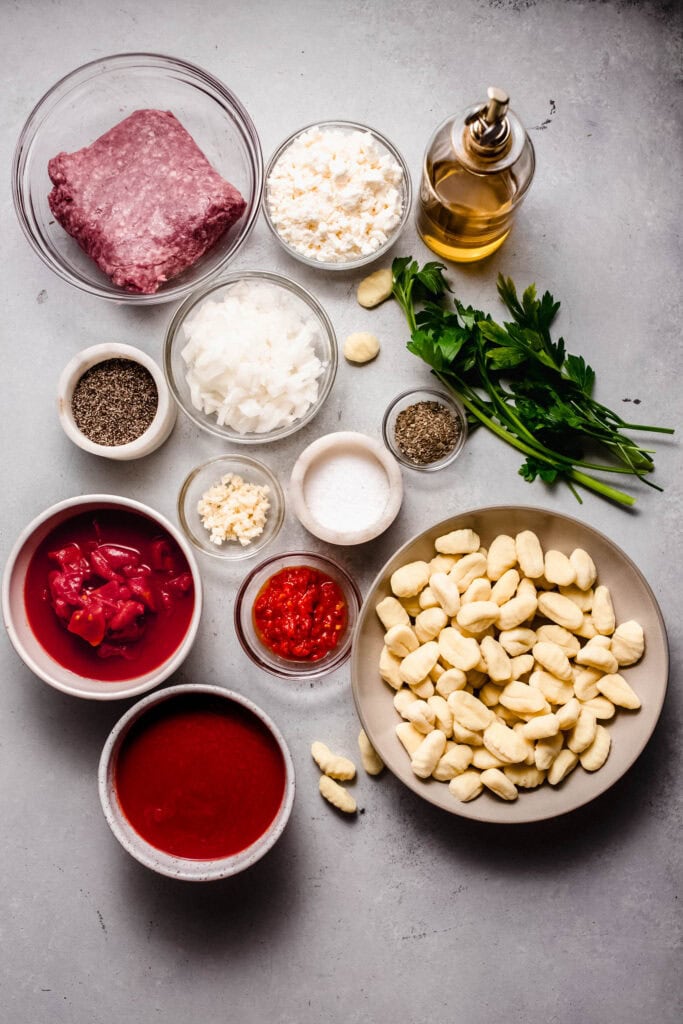 Ingredients for lamb gnocchi on counter.