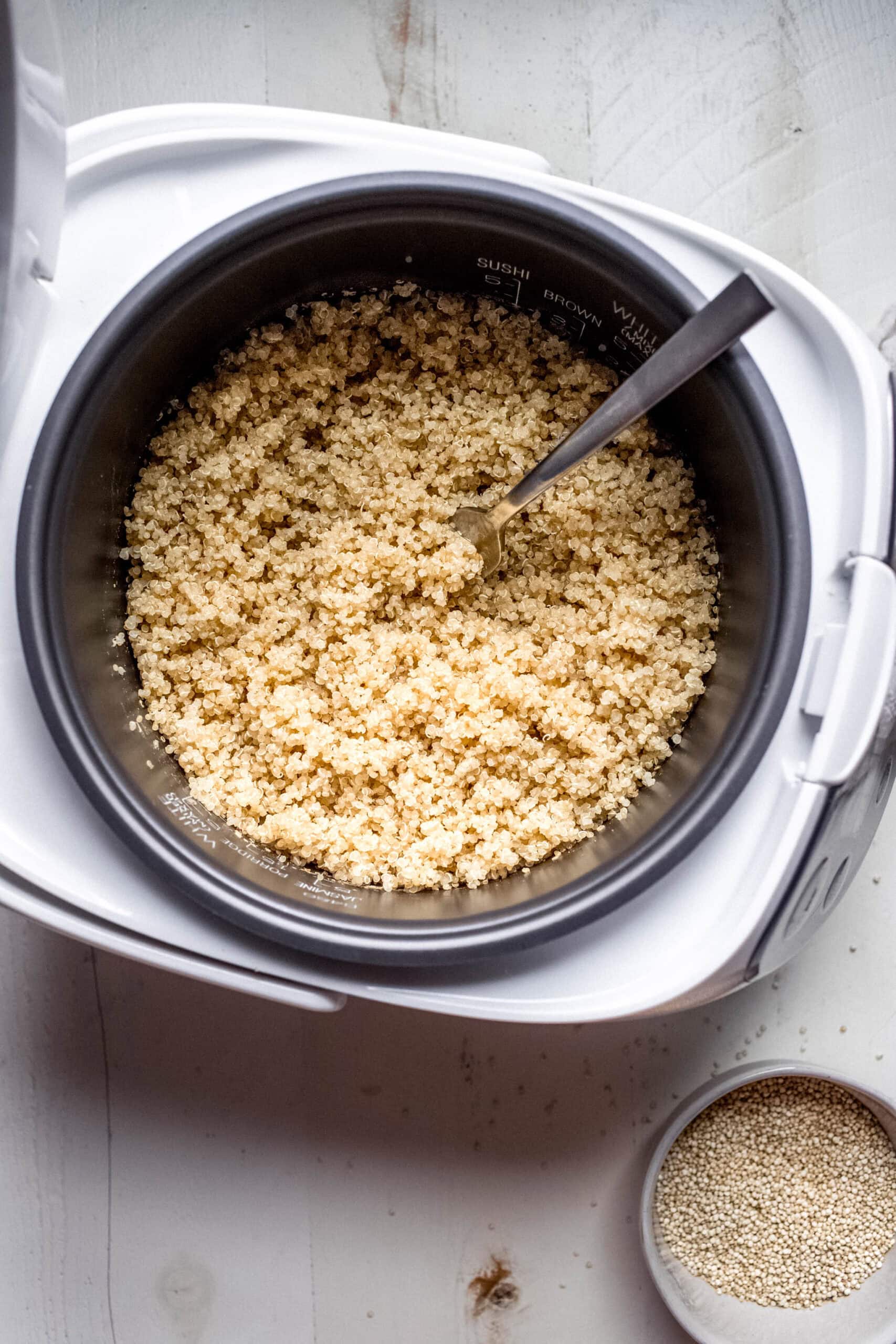 Finished fluffy quinoa in rice cooker.