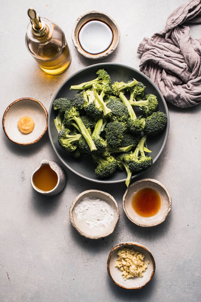 Ingredients for stir fried broccoli on counter.