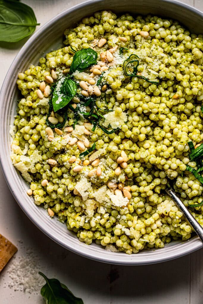 Overhead close up of pesto couscous.