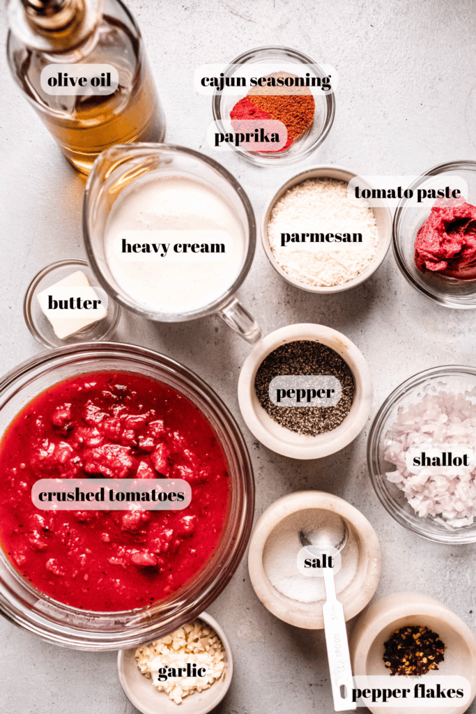 Ingredients for pasta labeled on counter.
