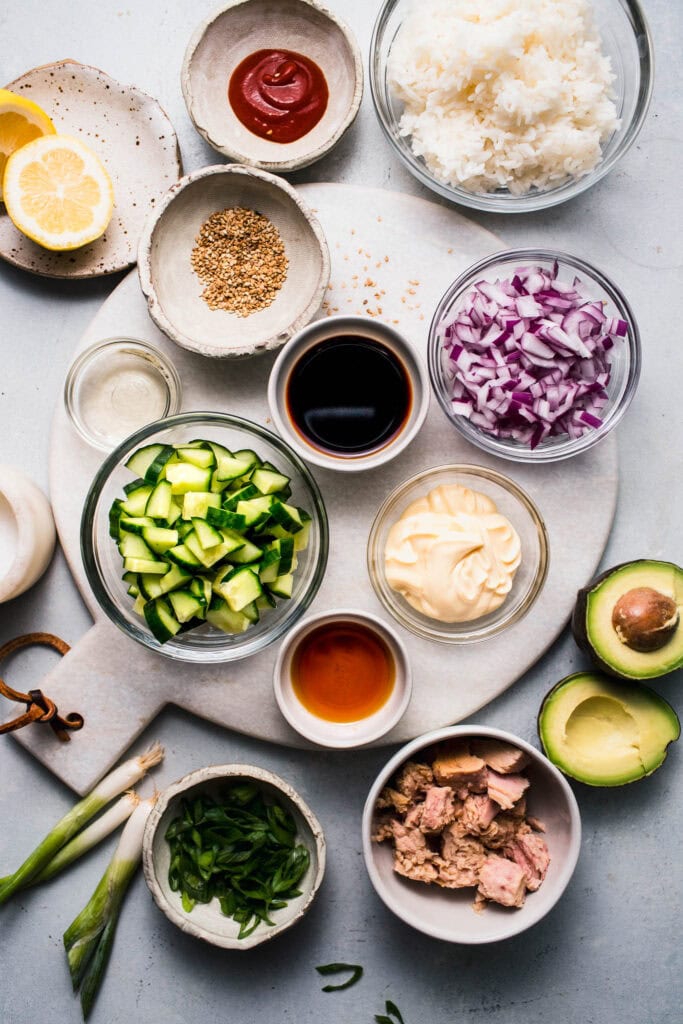 Ingredients for spicy tuna stacks on counter.