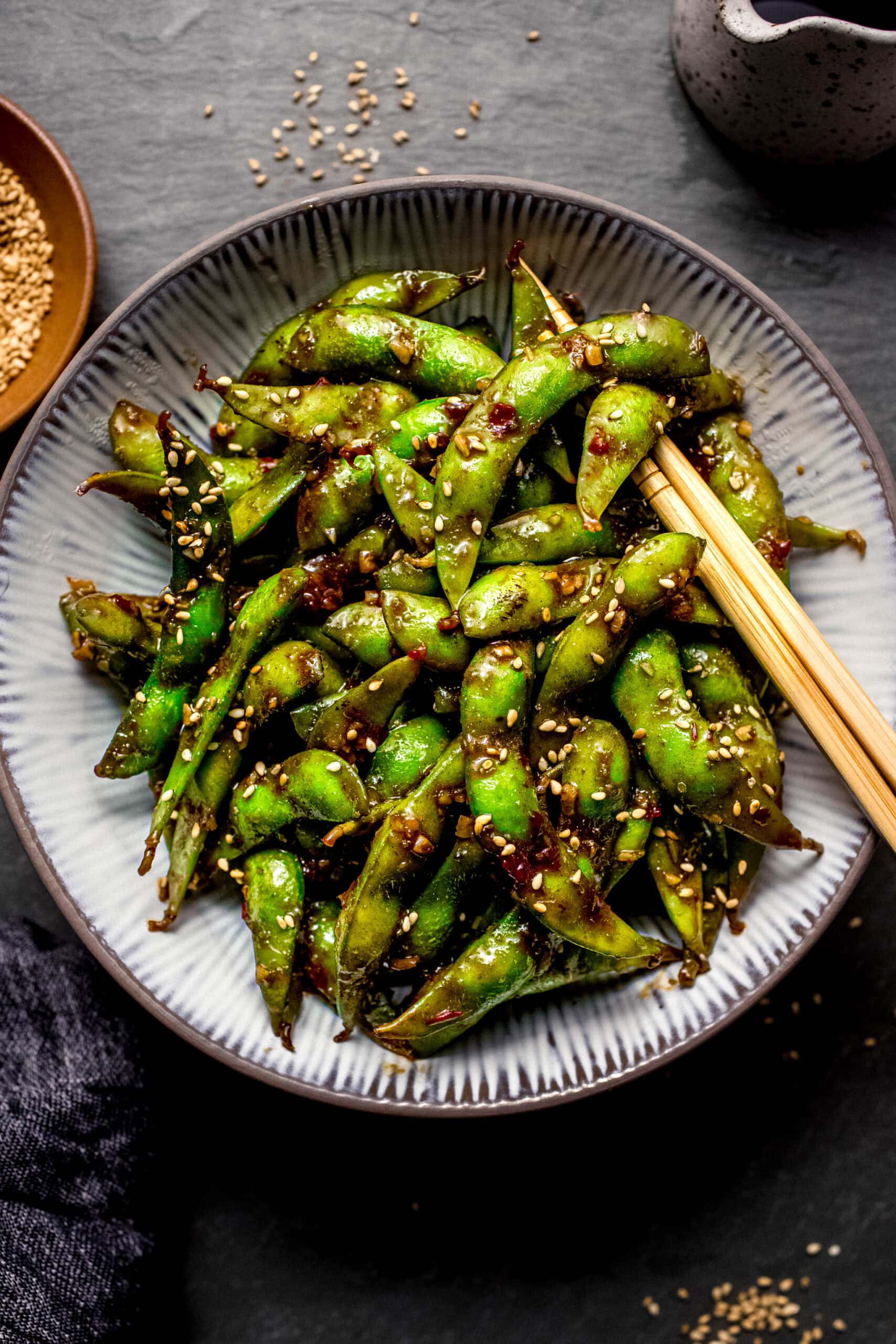 Overhead shot of spicy edamame in serving bowl.