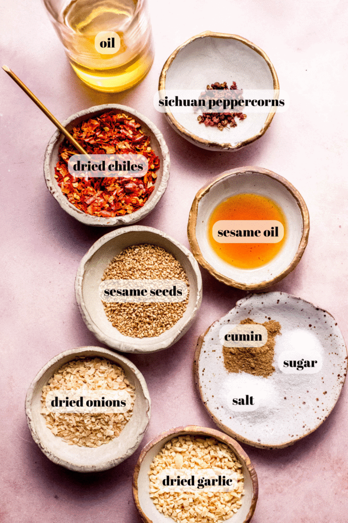 Ingredients for chili crisp labeled on counter.