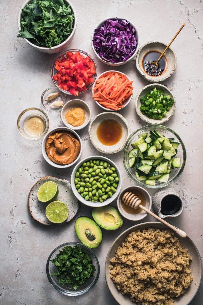Ingredients for Thai quinoa salad on counter.