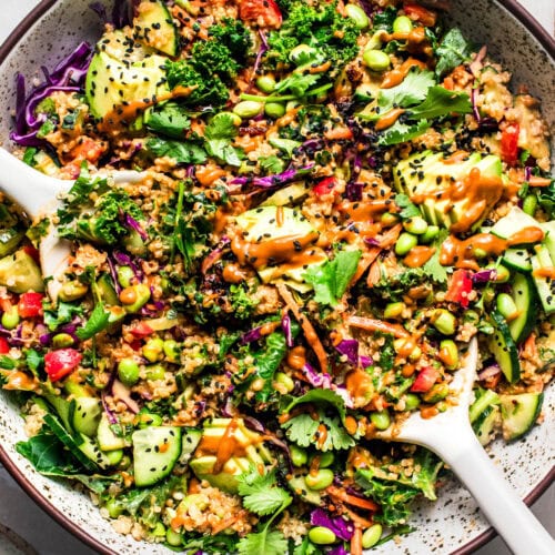 Finished thai quinoa salad in bowl with serving tongs drizzled with peanut dressing.