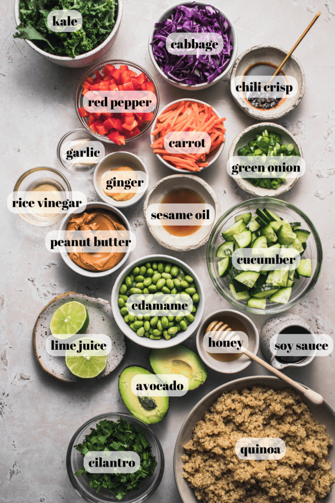 Ingredients for Thai quinoa salad labeled on counter.