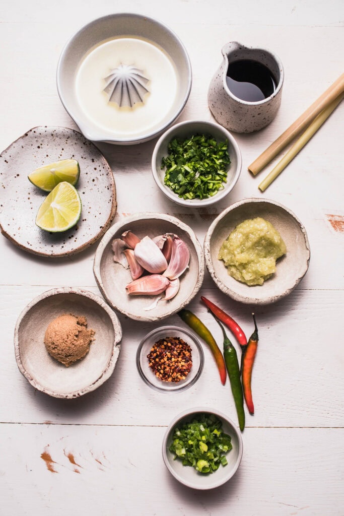 Salad ingredients on counter.