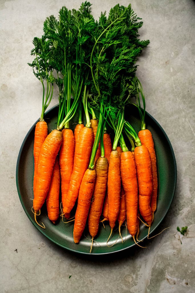 Carrots with carrot tops on plate.