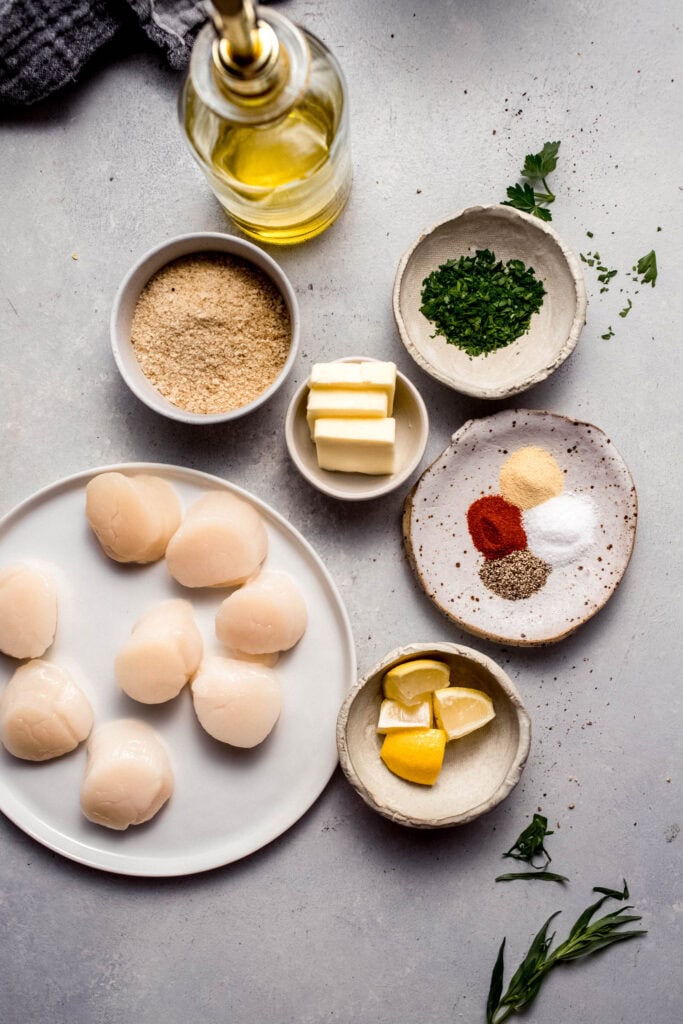 Ingredients for air fryer scallops on counter.