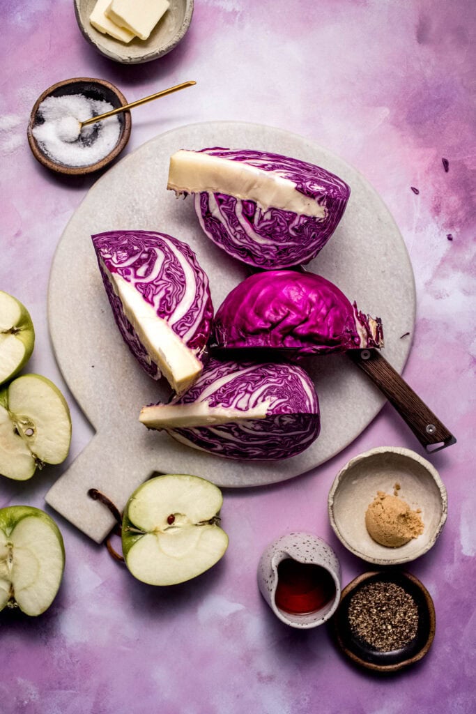 Ingredients for braised cabbage on counter.