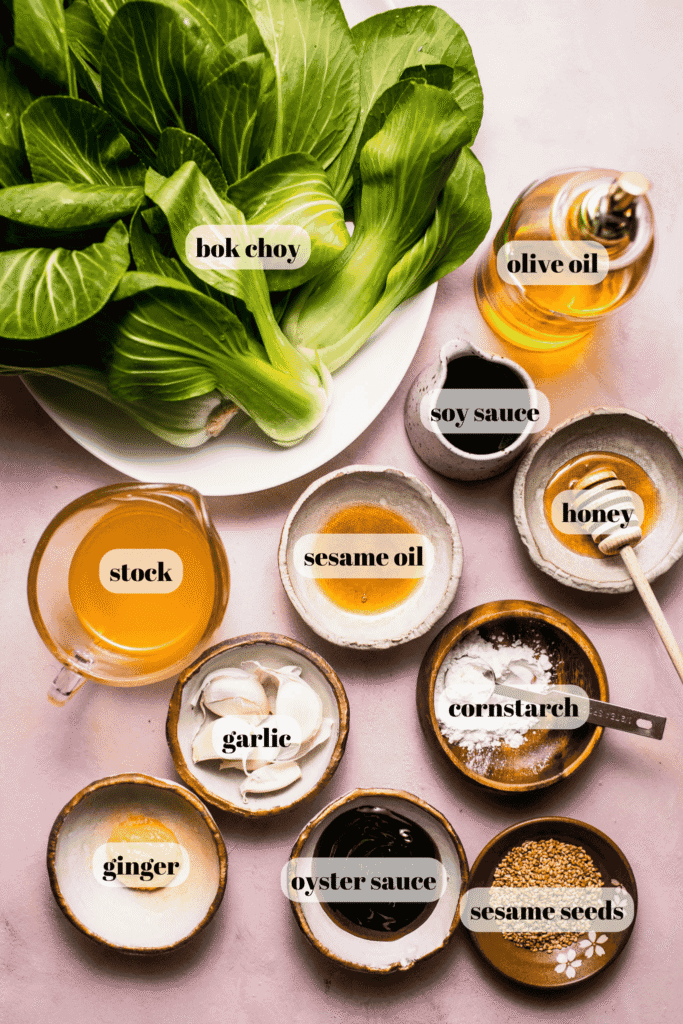Ingredients for ginger garlic bok choy on counter.