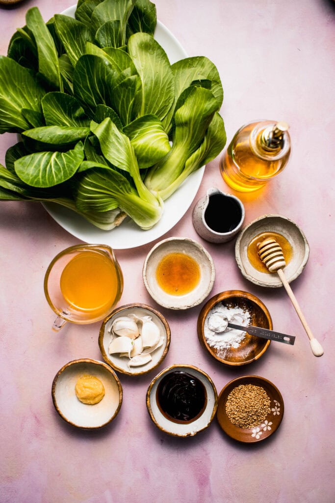 Ingredients for ginger garlic bok choy on counter.