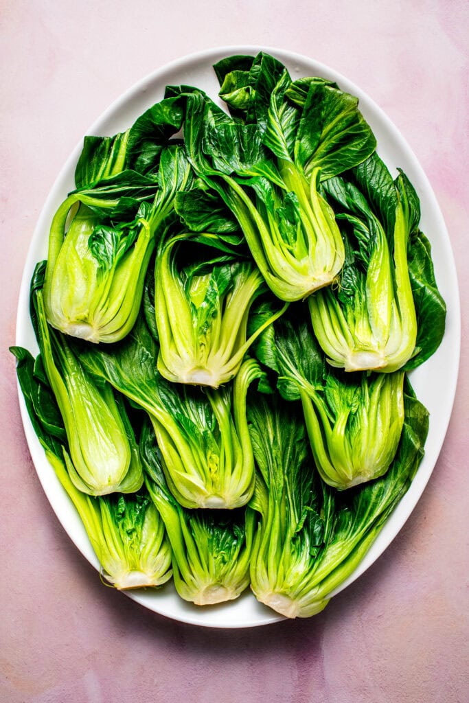 Plate of steamed bok choy.