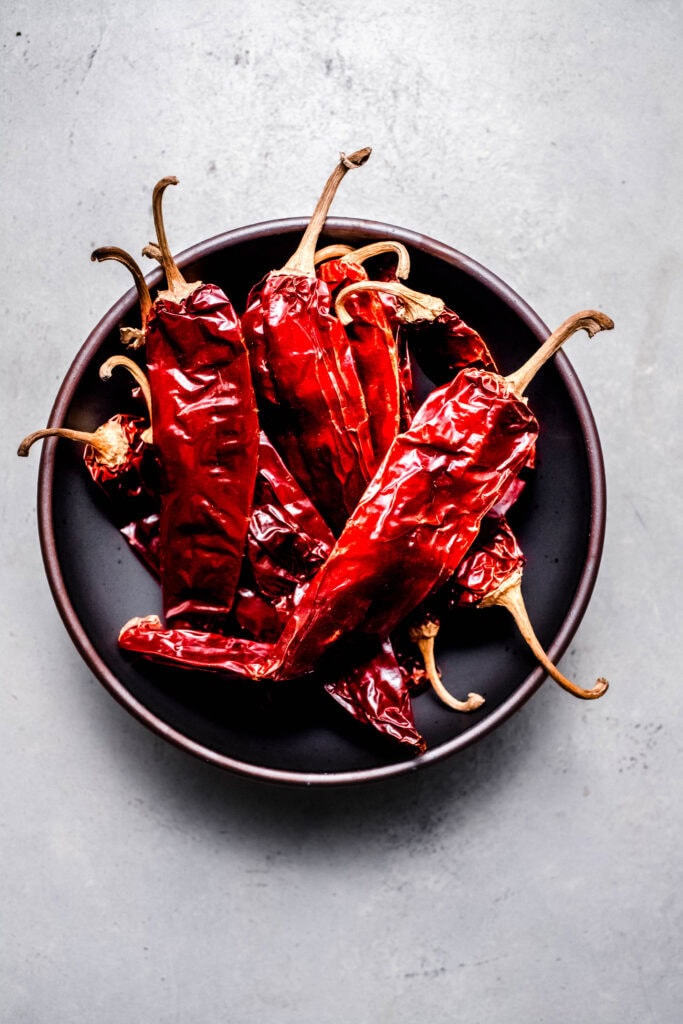 Guajillo peppers in bowl.