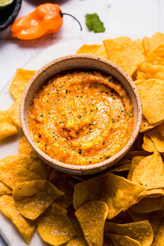 Finished mango habanero salsa in serving bowl with platter of corn chips.