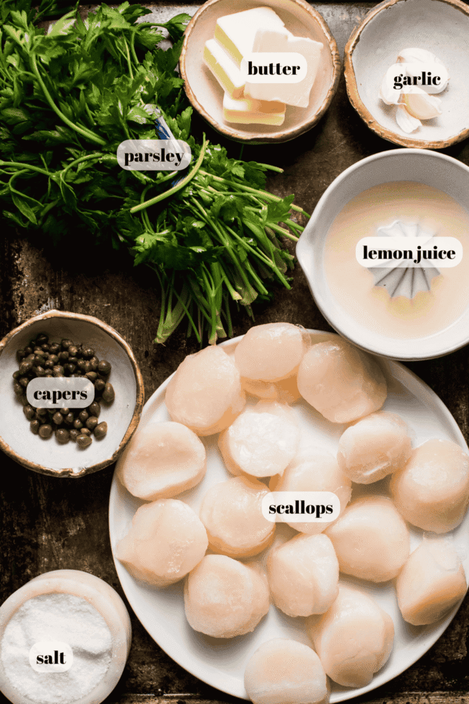 Ingredients for scallop piccata labeled on counter.