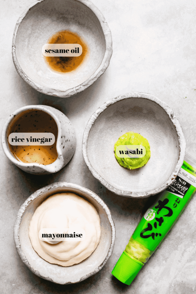 Ingredients for wasabi mayo labeled on counter.