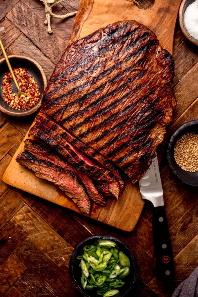 Finished grilled and sliced flank steak.
