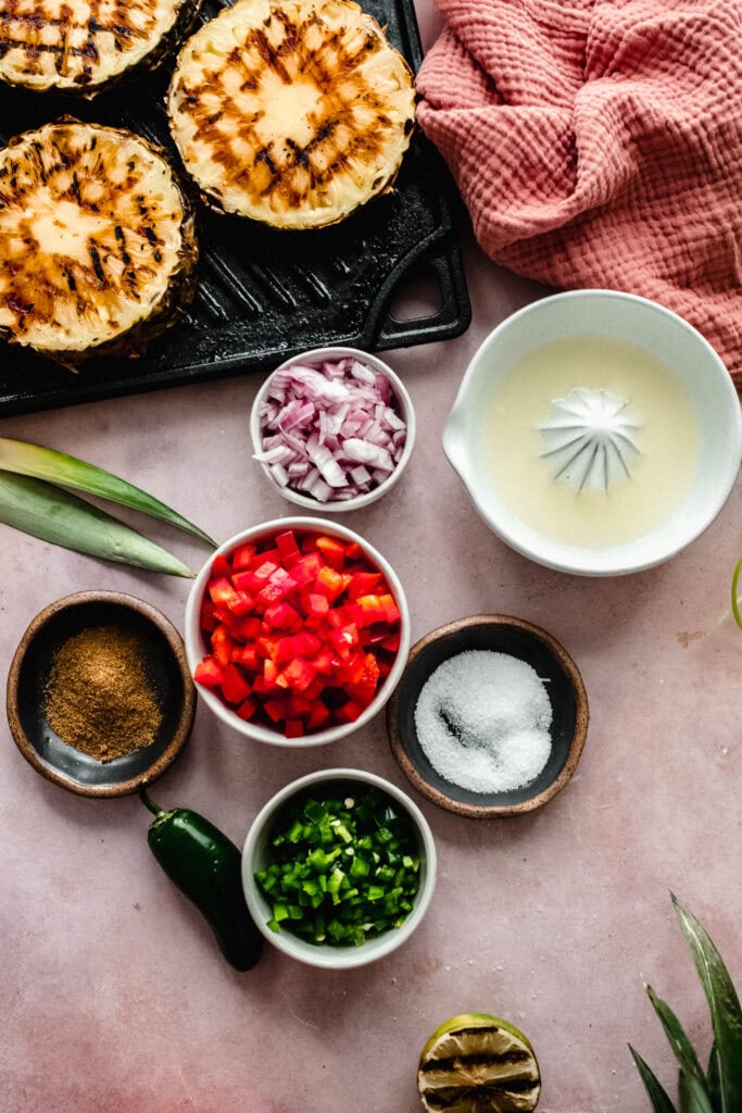 Ingredients for grilled pineapple salsa on counter.