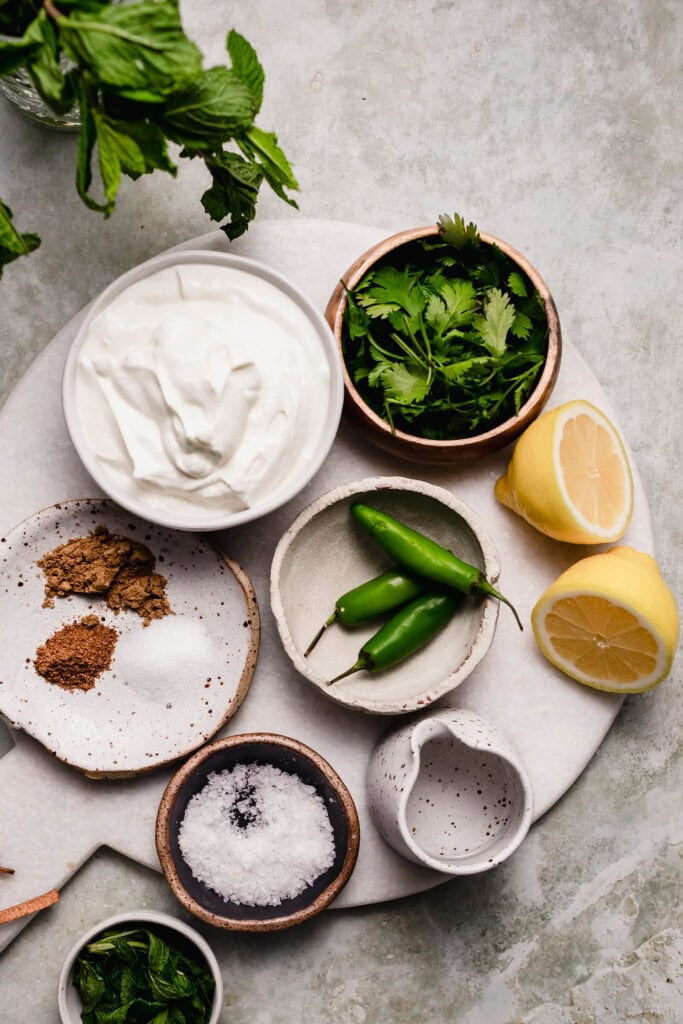 INGREDIENTS FOR INDIAN MINT SAUCE ON COUNTER.