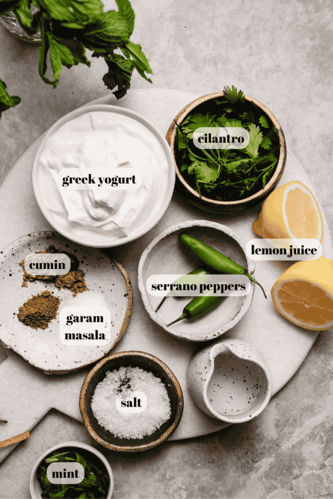 INGREDIENTS FOR INDIAN MINT SAUCE ON COUNTER.