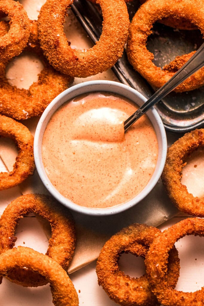 Overhead shot of Onion ring sauce stirred together in bowl.