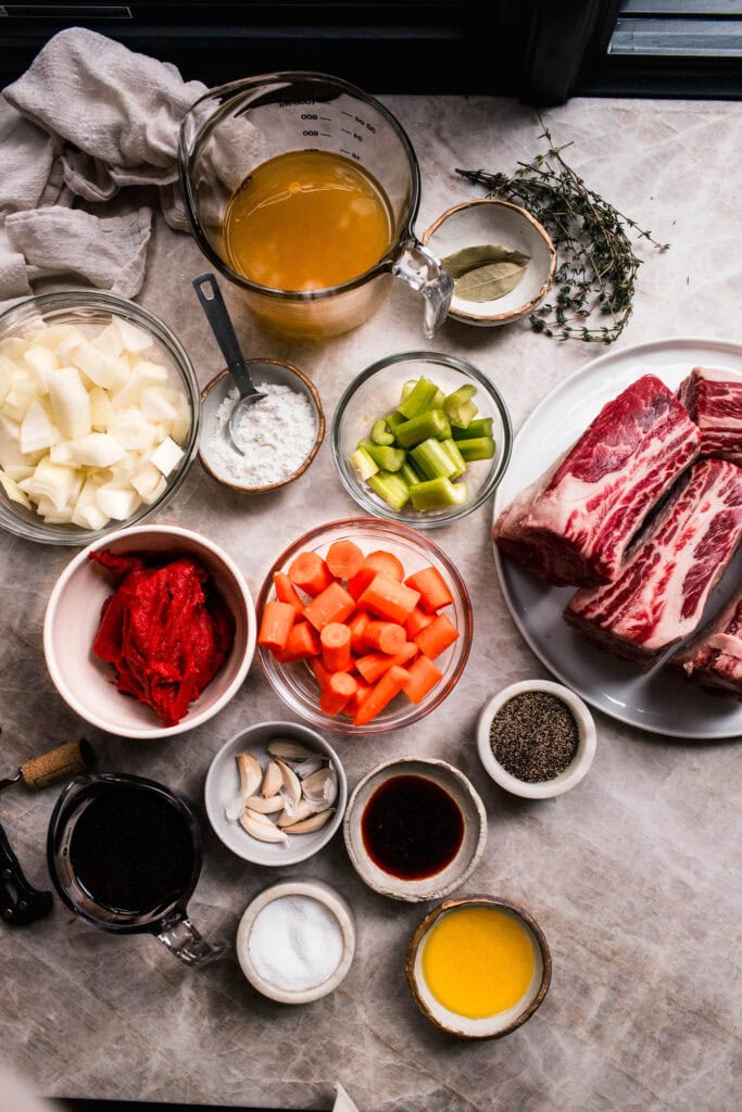 Ingredients for slow cooker short ribs on counter.