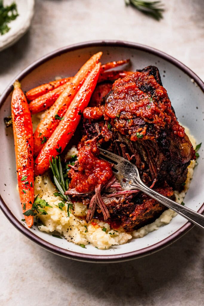 Finished tender short ribs served in bowl with mashed potatoes and roasted carrots.