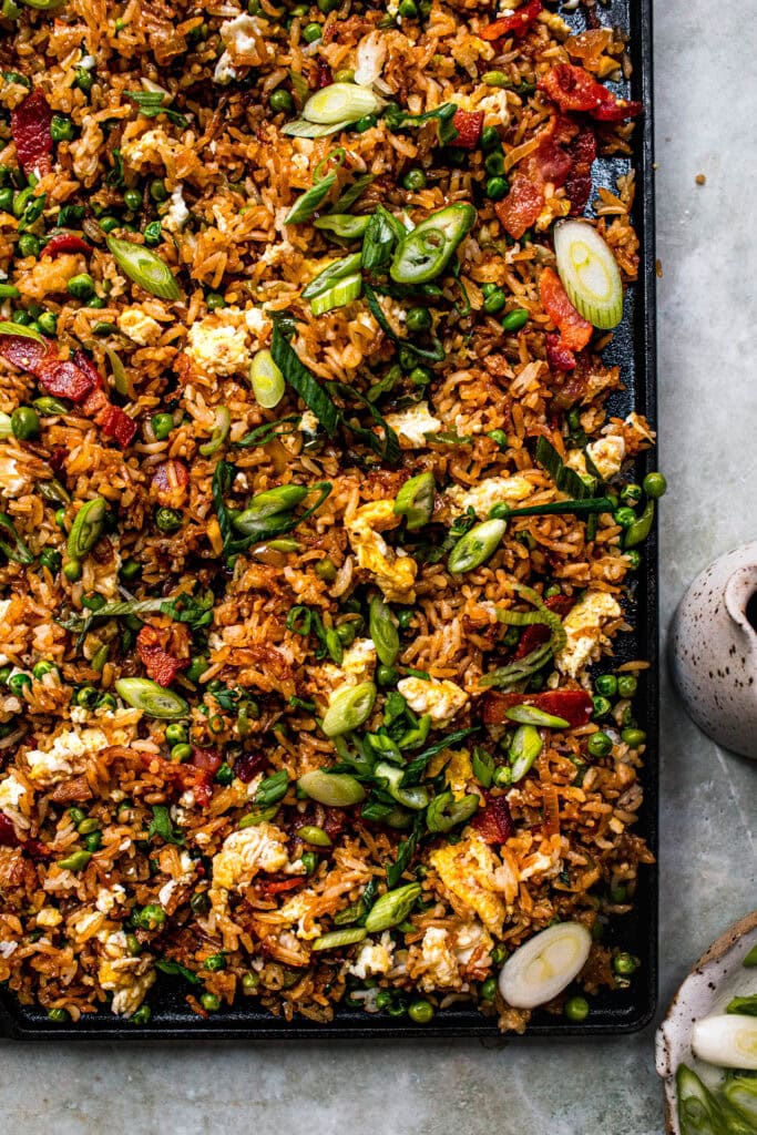 Fried rice on flat top grill pan ready to be served.