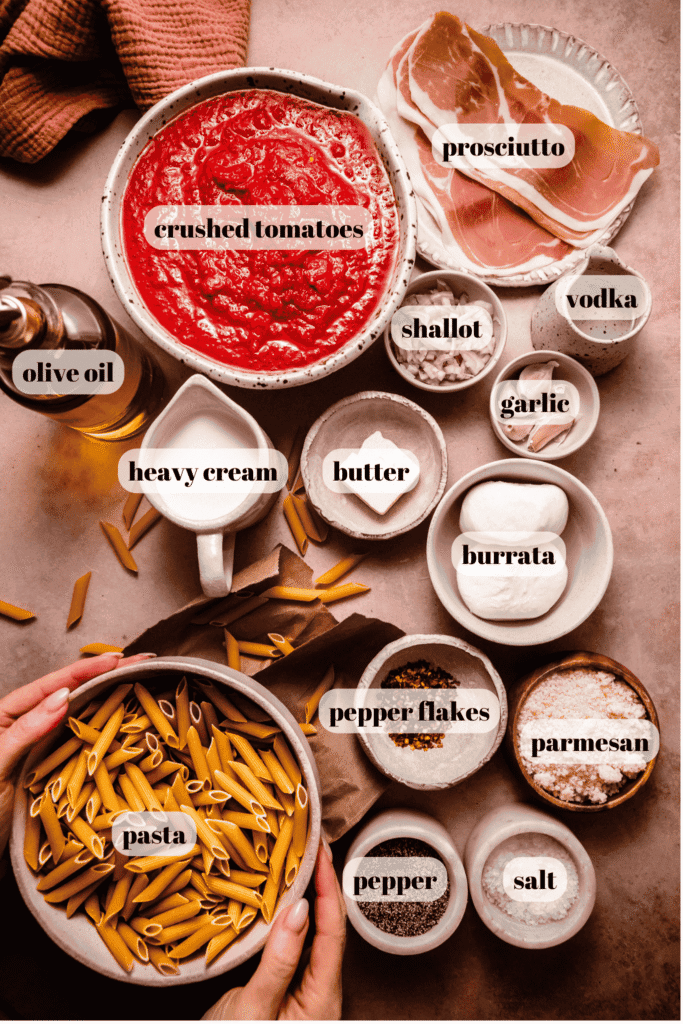 Ingredients for spicy vodka rigatoni labeled on counter.
