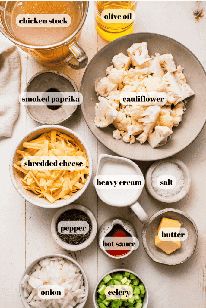 Ingredients for buffalo cauliflower soup labeled on counter.