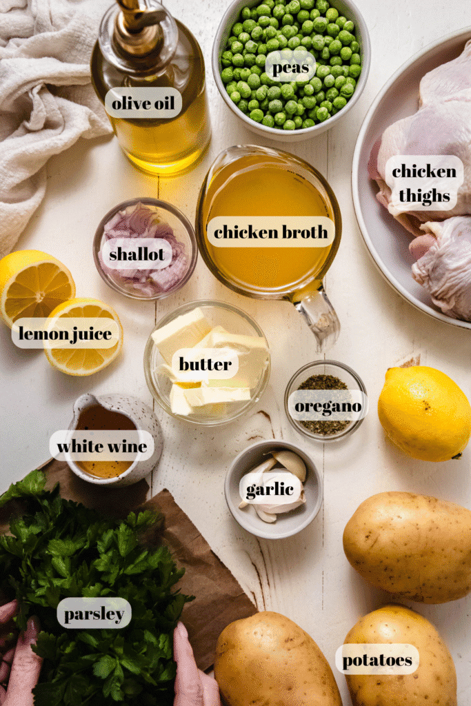 Ingredients for chicken vesuvio on counter.