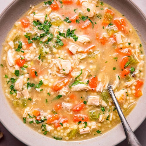 Overhead close up of bowl of penicillin soup.