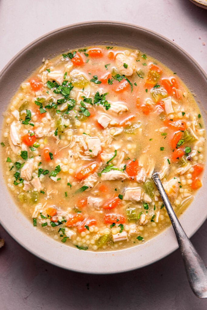 Overhead close up of bowl of penicillin soup.