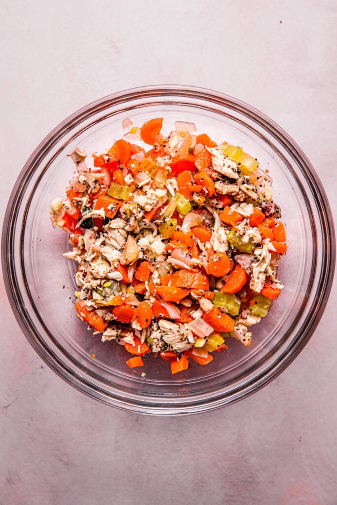 Vegetables from penicillin soup in bowl.
