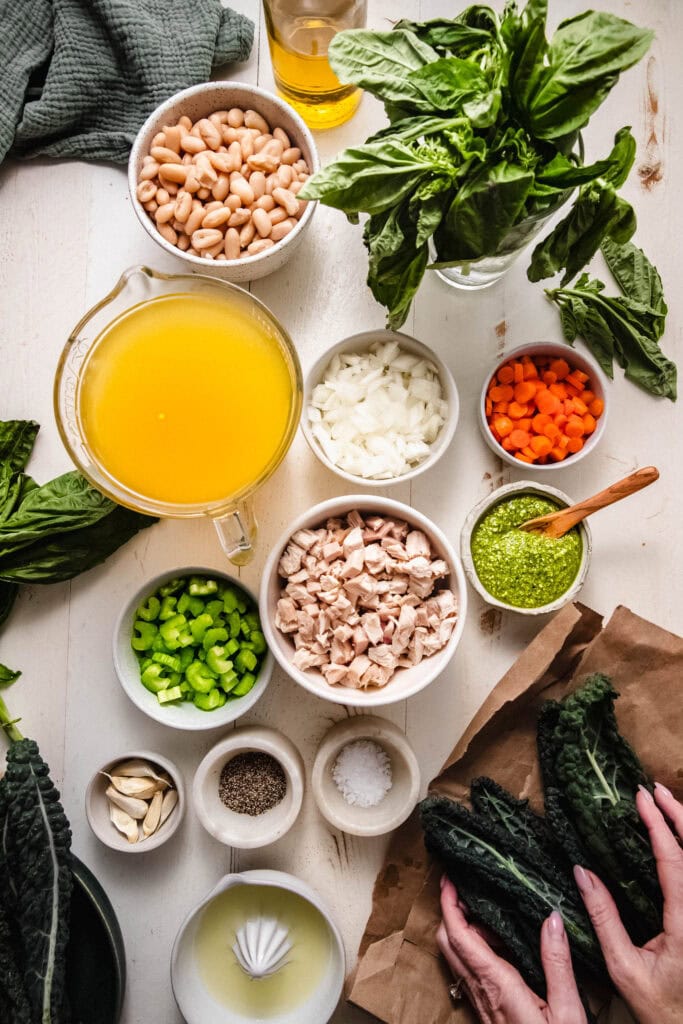 Ingredients for pesto chicken soup on counter.