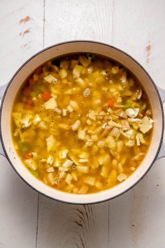 Broth and chicken added to pot.