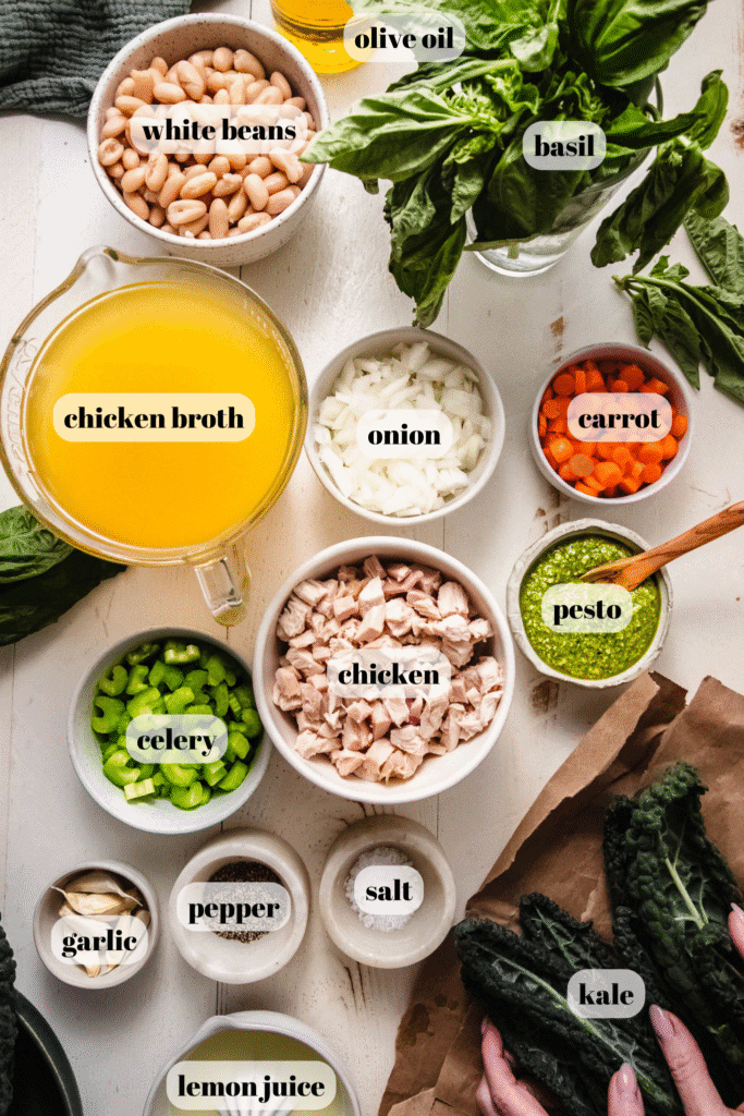 Ingredients for pesto chicken soup on counter.