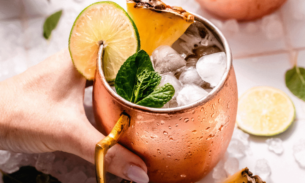 Side view of two pineapple moscow mule cocktails on counter.