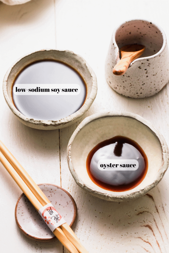 Ingredients for fried rice sauce labeled on counter.