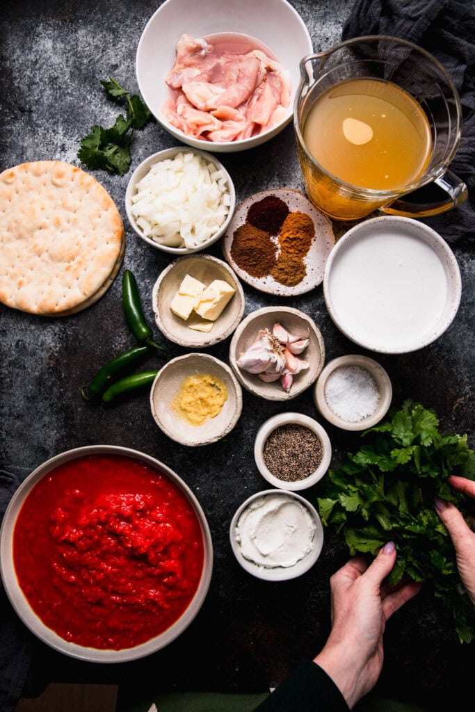 Ingredients for butter chicken soup on counter.